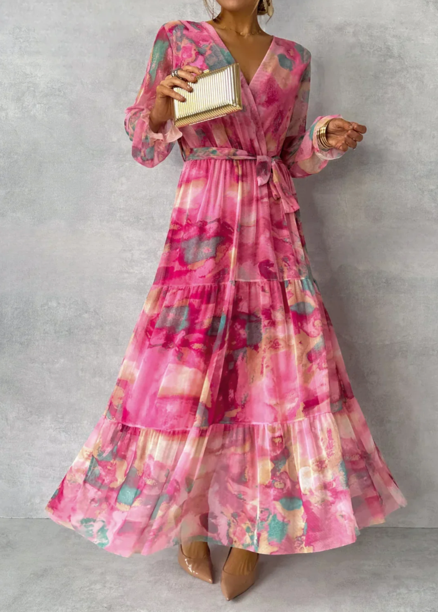 Damen Wickelkleid Mit Blumenmuster Und Langen Ärmeln | Maxi